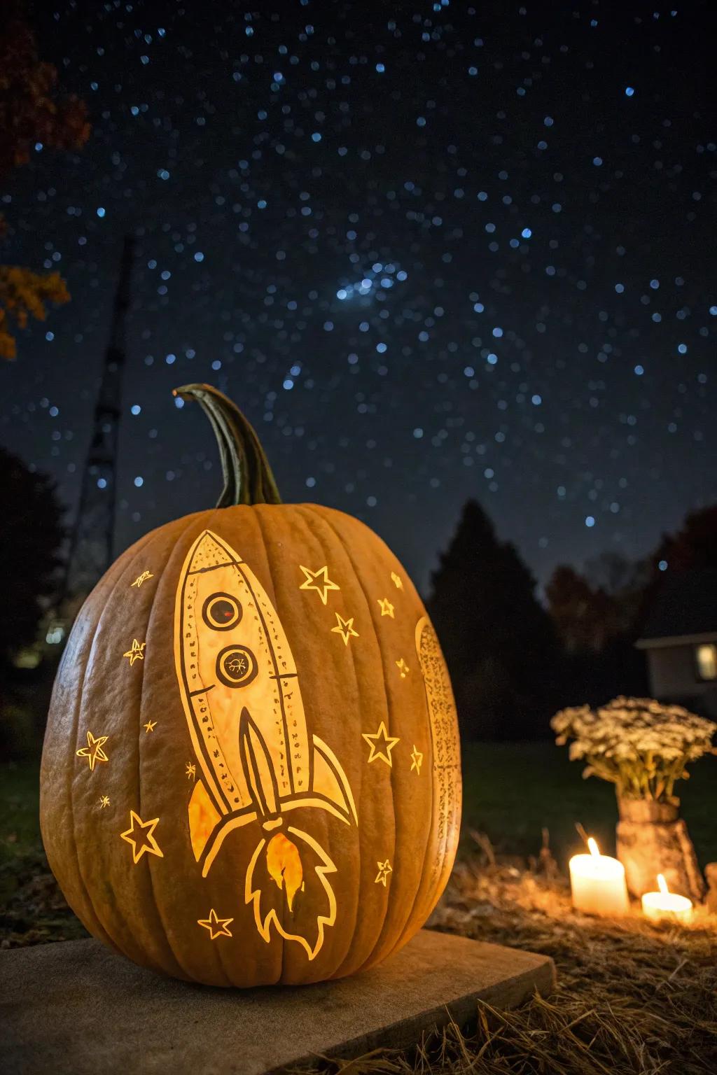 A rocket carving that looks ready to blast off into the Halloween night.