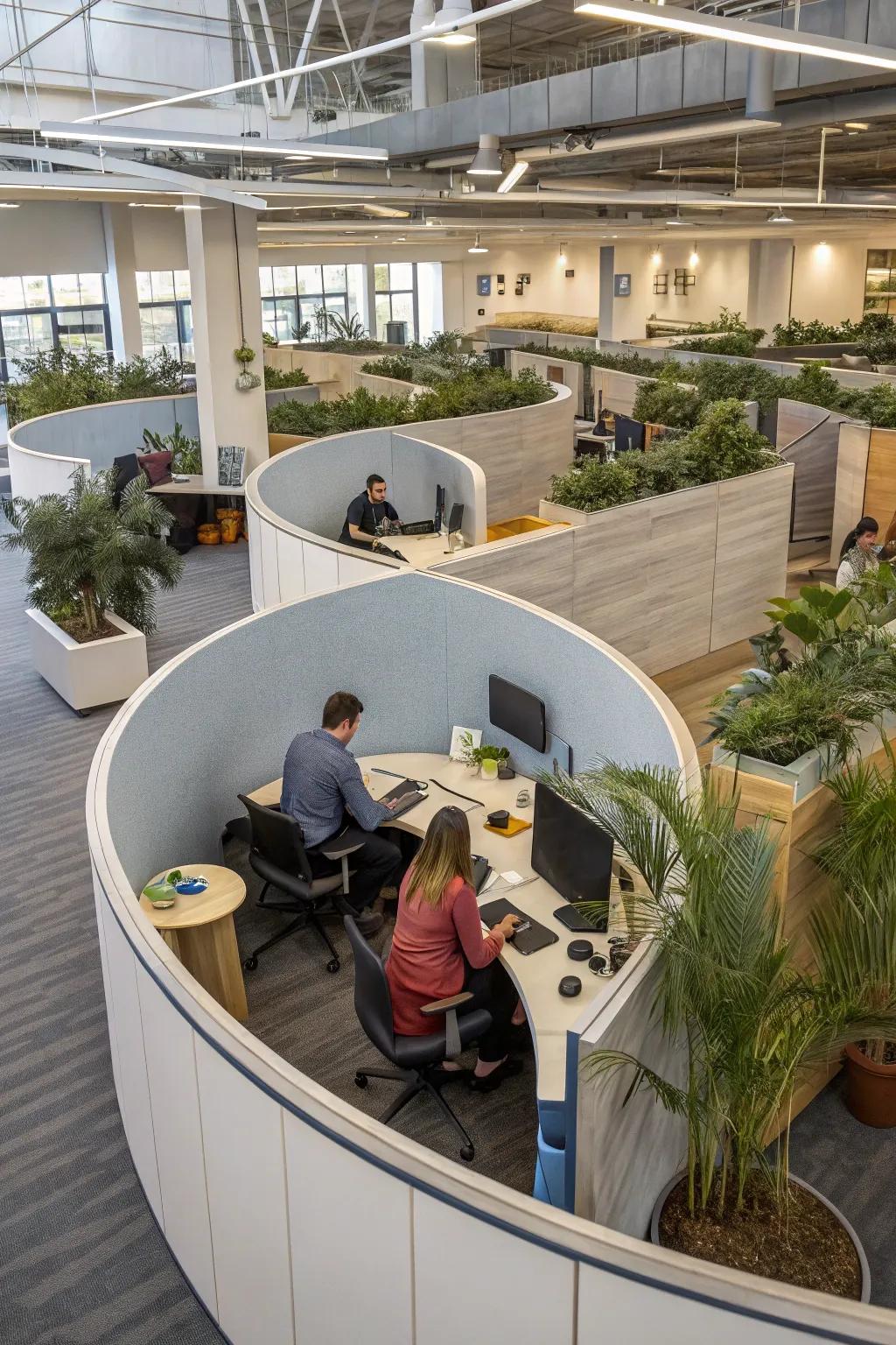 Curved cubicles fostering a creative and informal office environment.