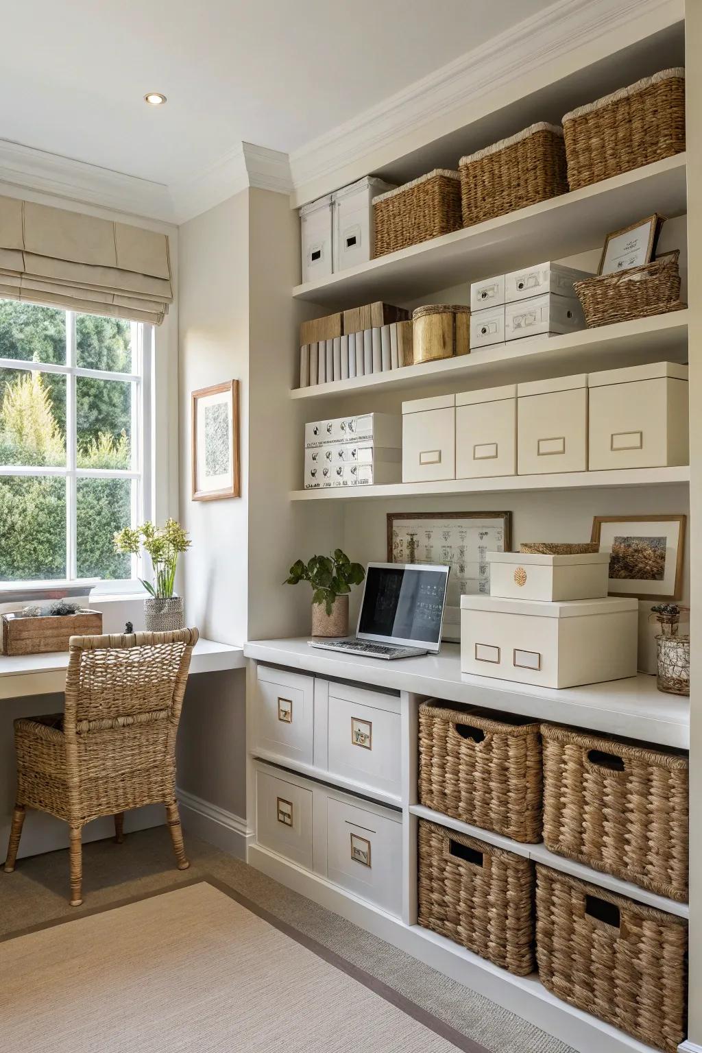 Stylish storage solutions keep your office organized.