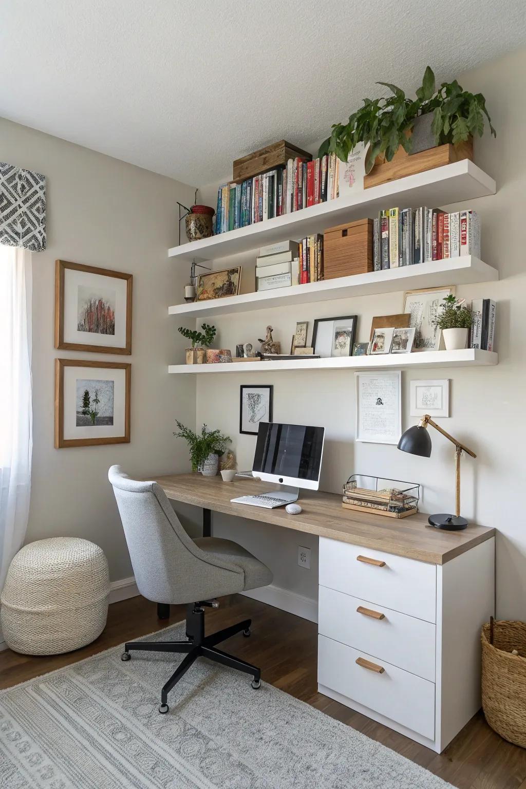 Floating shelves in a home office maximize space and maintain organization.