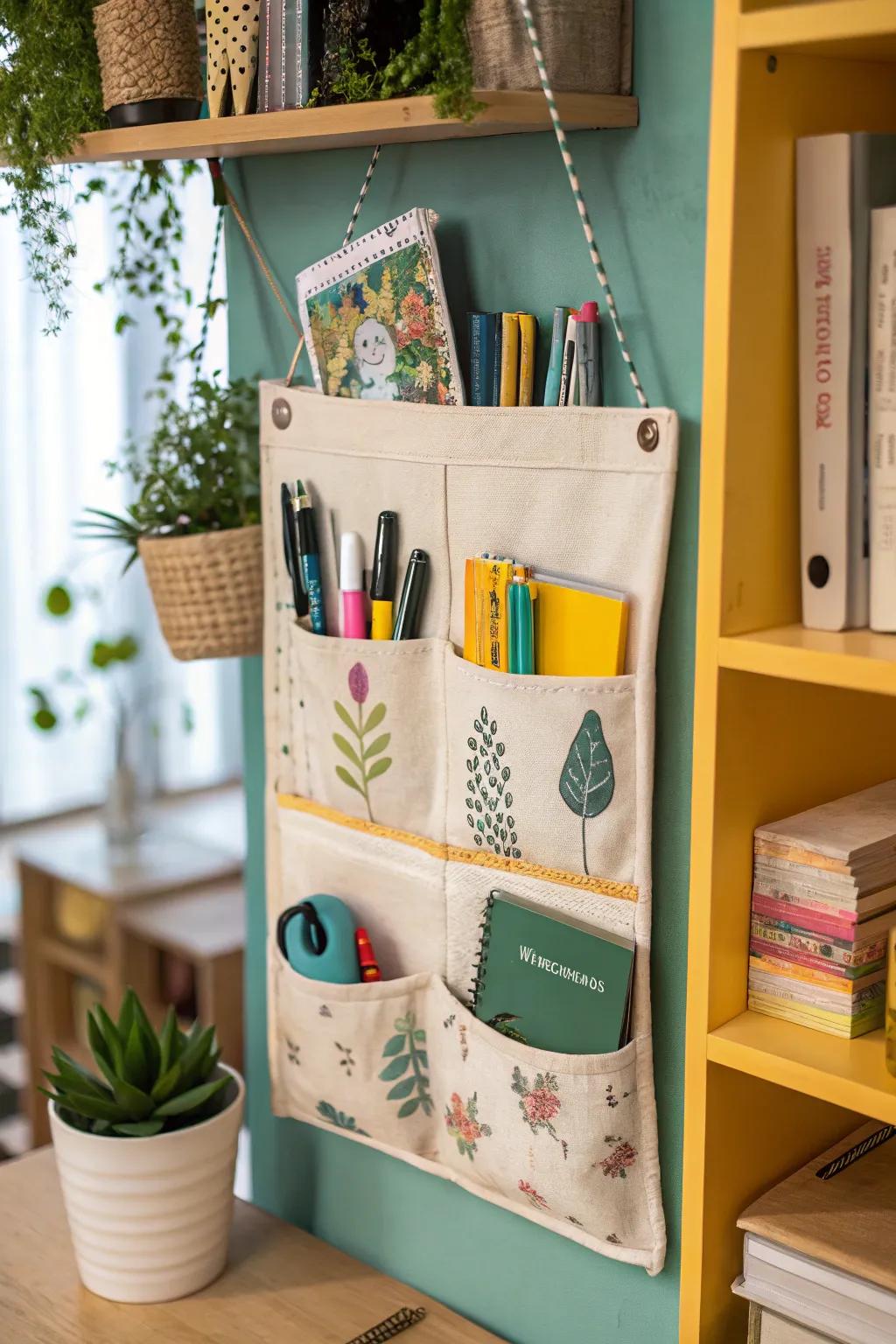 Fabric organizers add warmth and texture to office storage.