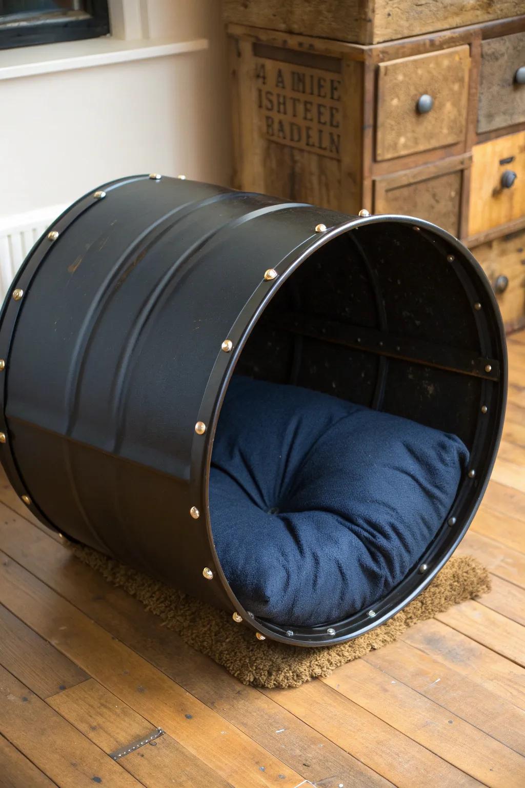 Give your furry friend a stylish retreat with this handcrafted oil barrel pet bed!