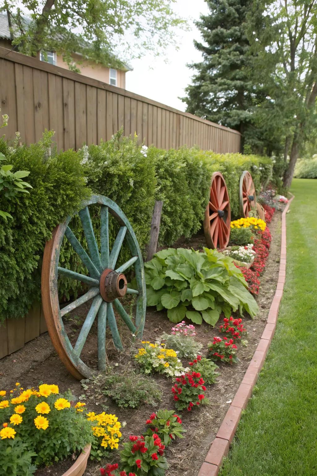 Wagon wheels create rustic edging for flower beds.