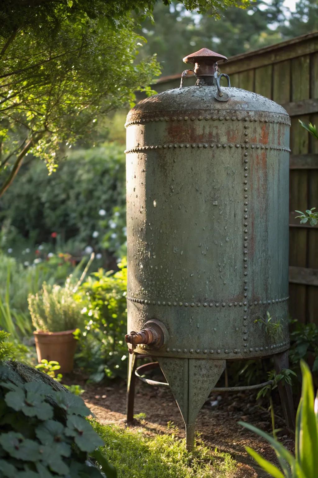Transform an old pressure tank into a stunning garden centerpiece with this rainwater storage solution. Embrace the art of upcycling!