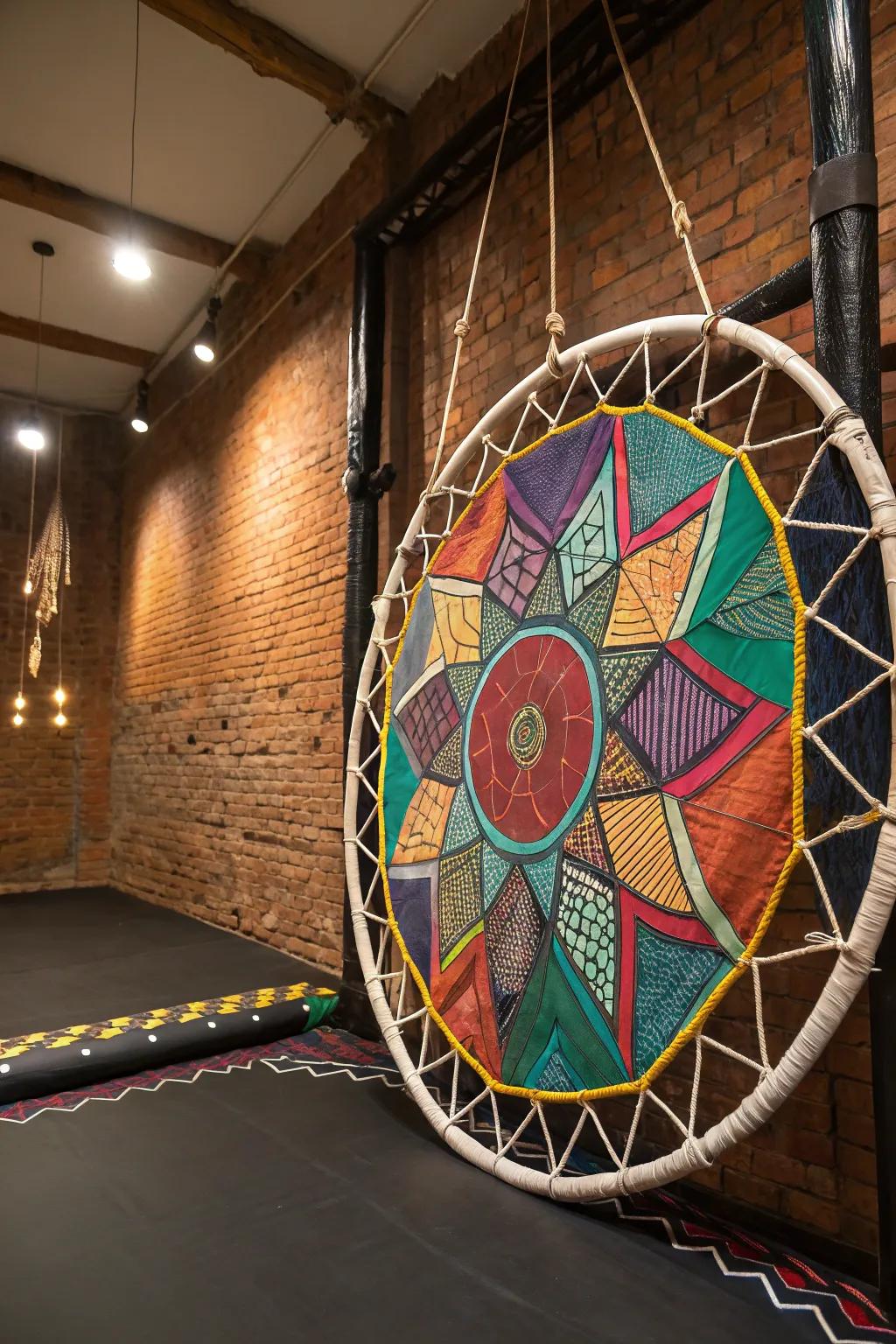 Transform your space with creativity: An artistic wall hanging from an upcycled trampoline mat.