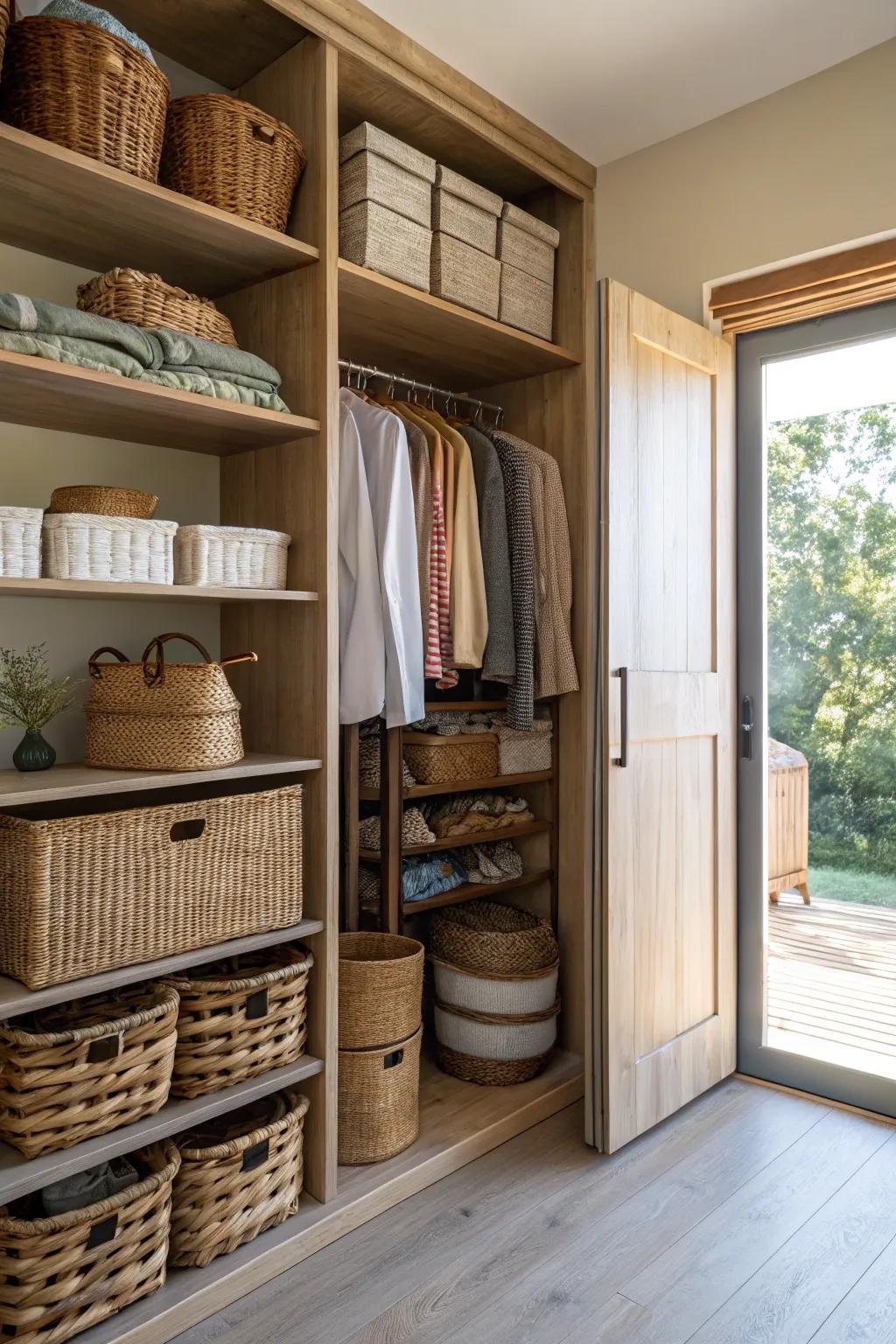 Baskets offering organized storage in an open closet.