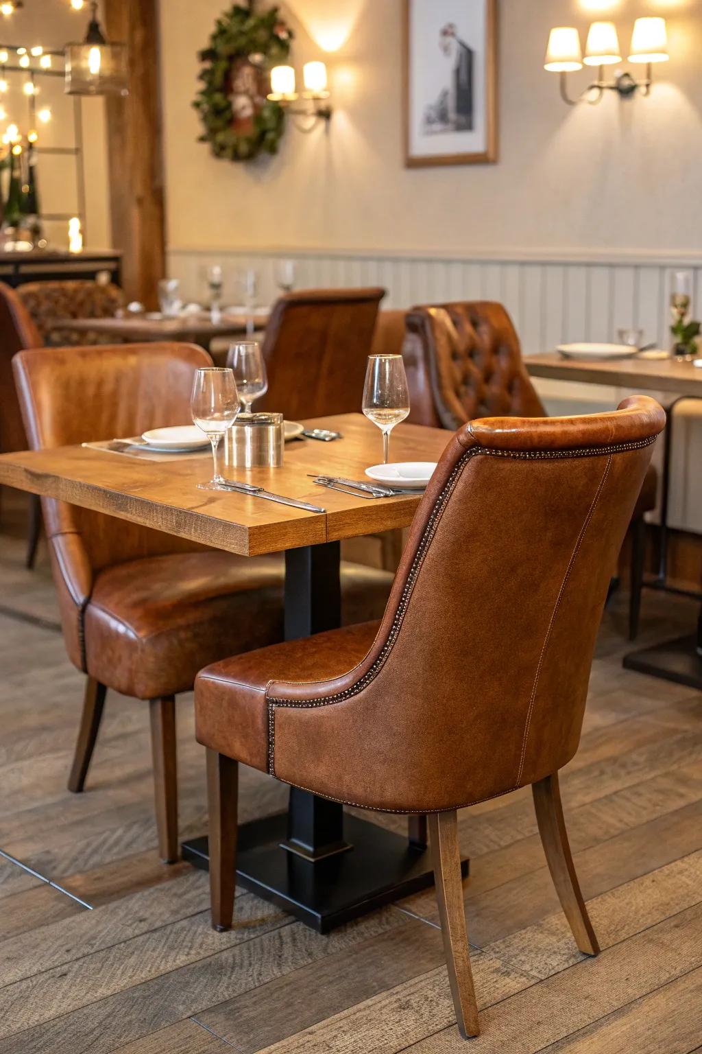 Warm dining room seating with leather chairs.