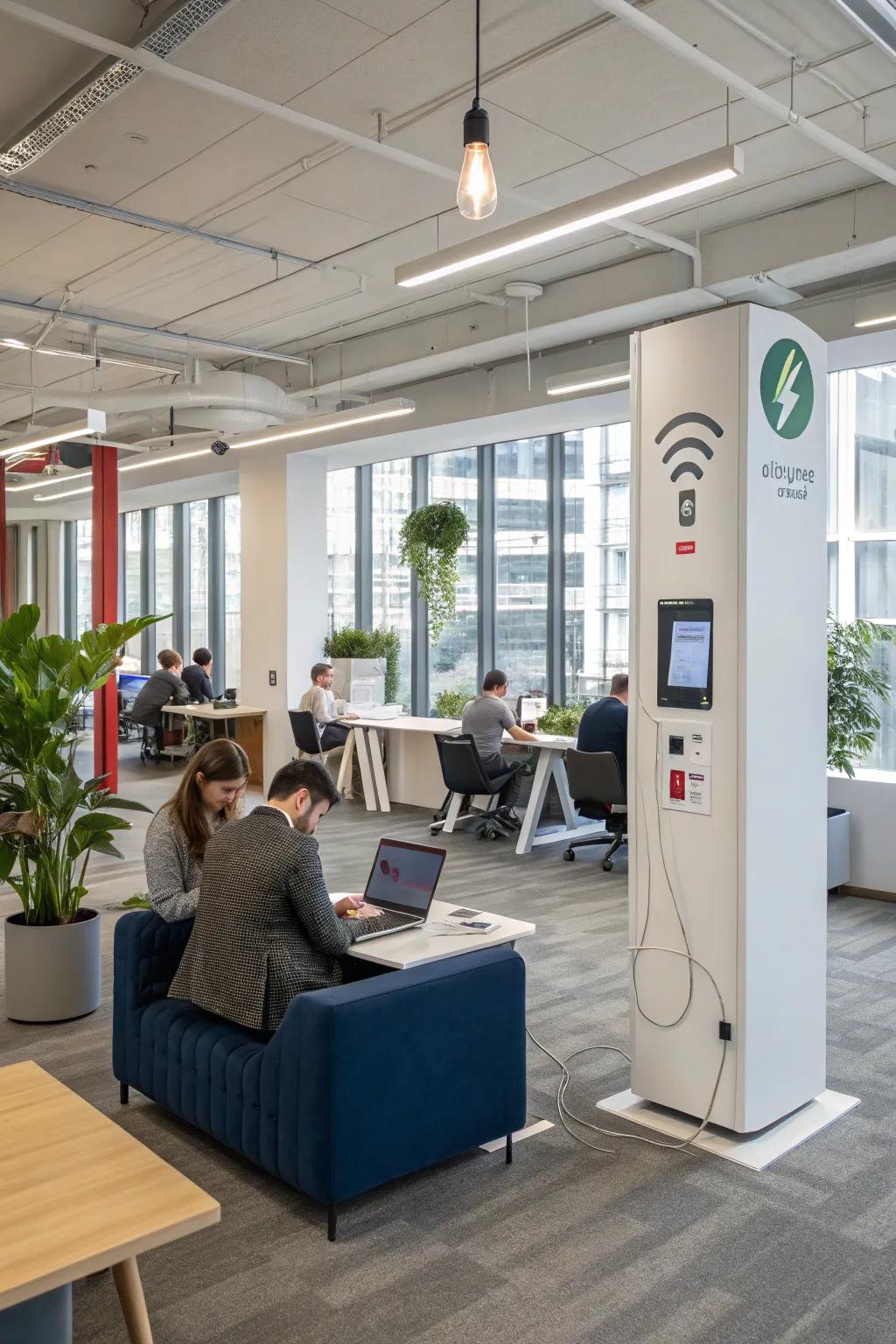 Tech-friendly features in an open office for modern work needs.