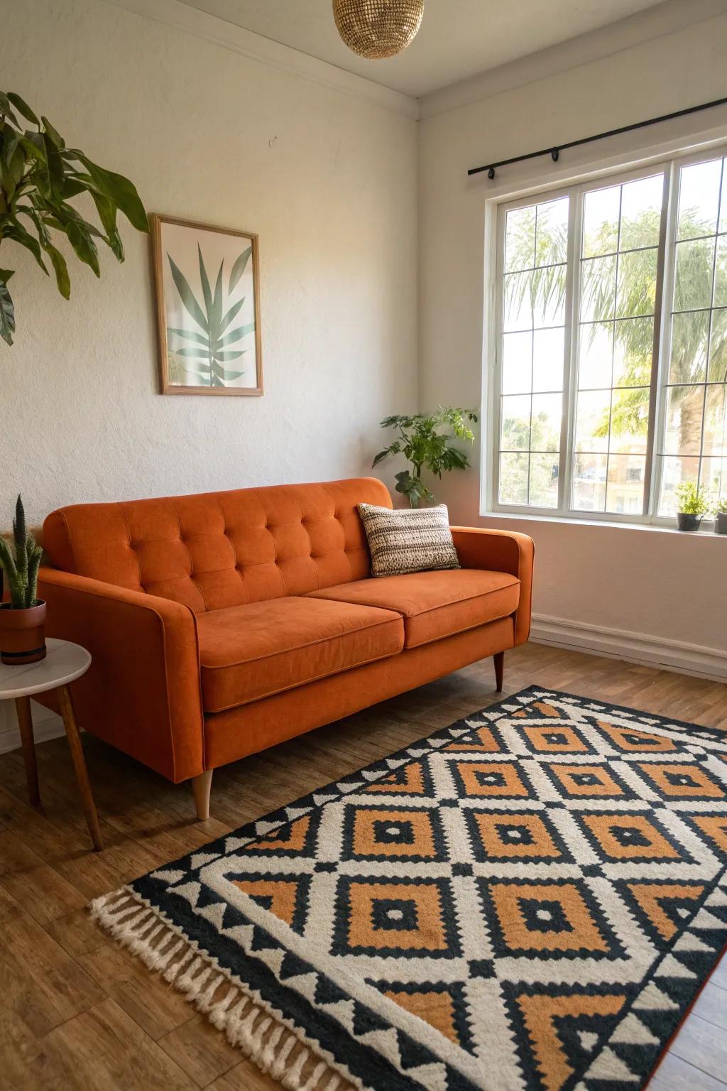 A vibrant living room where an orange couch is paired with a playful patterned rug.