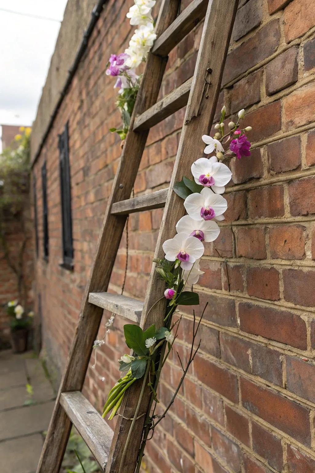 Vintage ladder displaying orchids, adding rustic charm to a space.