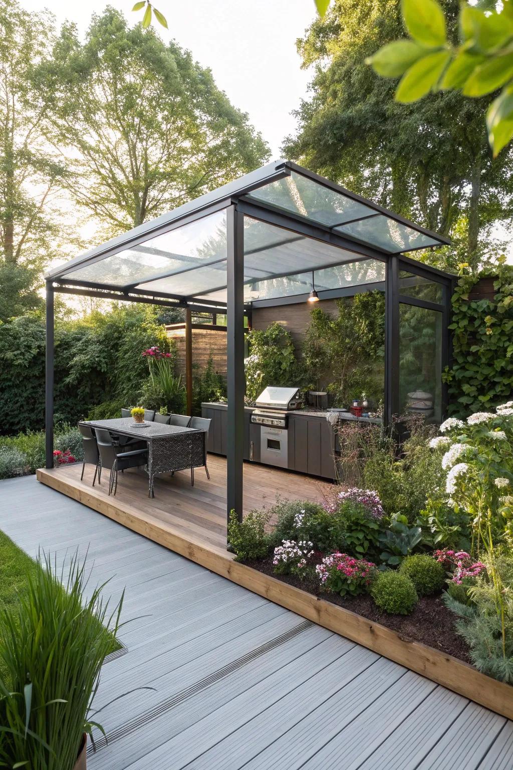 A transparent canopy offering a bright and open BBQ shelter.