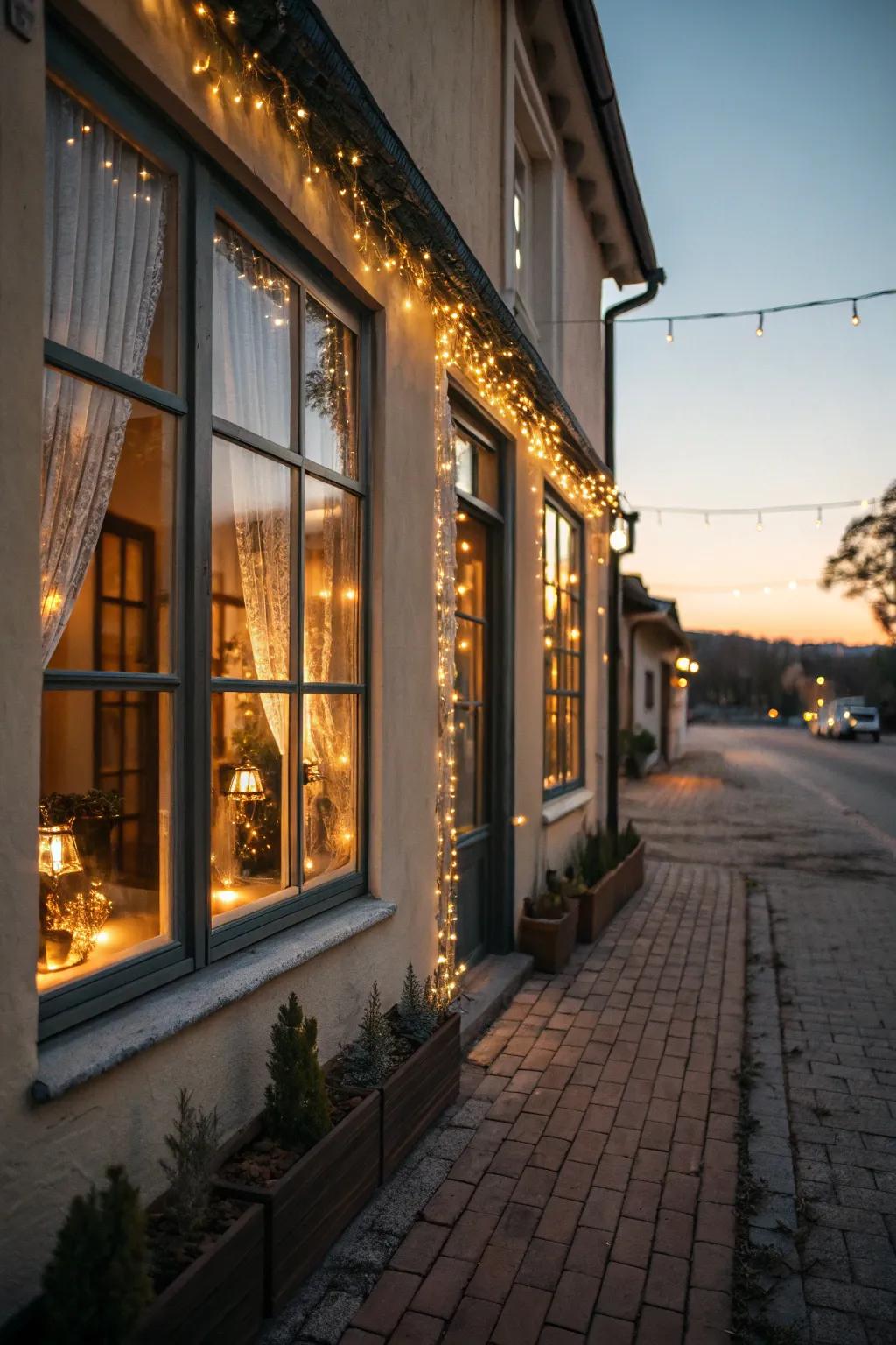 Glowing window frames add a cozy charm, suggesting warmth from within the home.