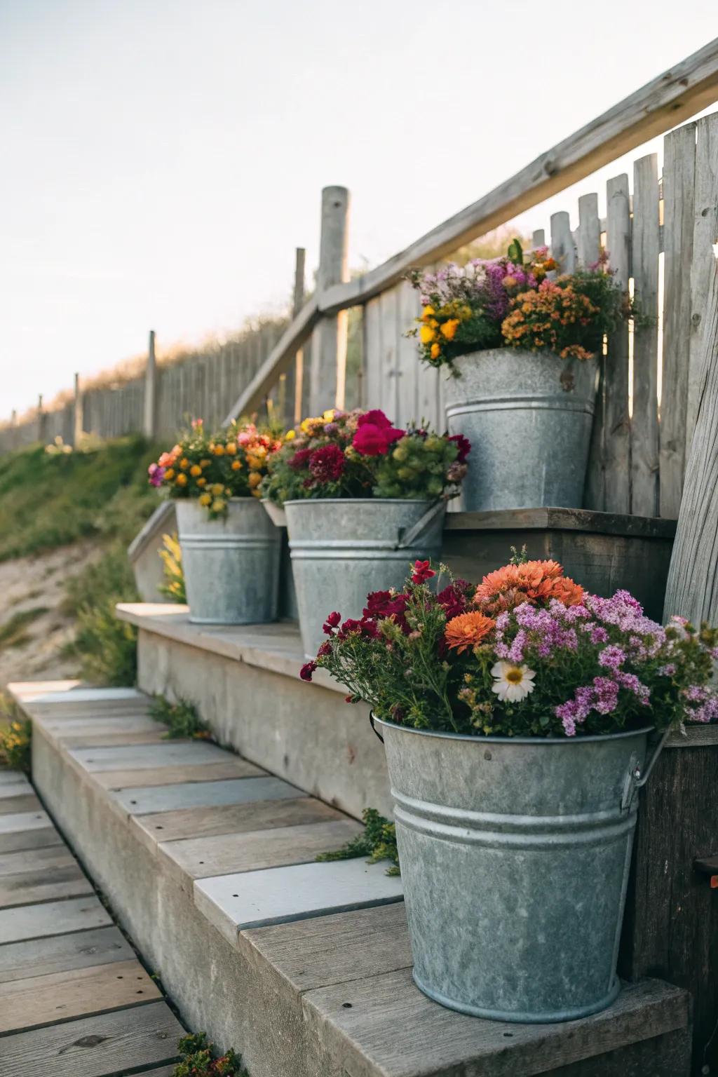 Galvanized buckets add a farmhouse touch to fall decor.