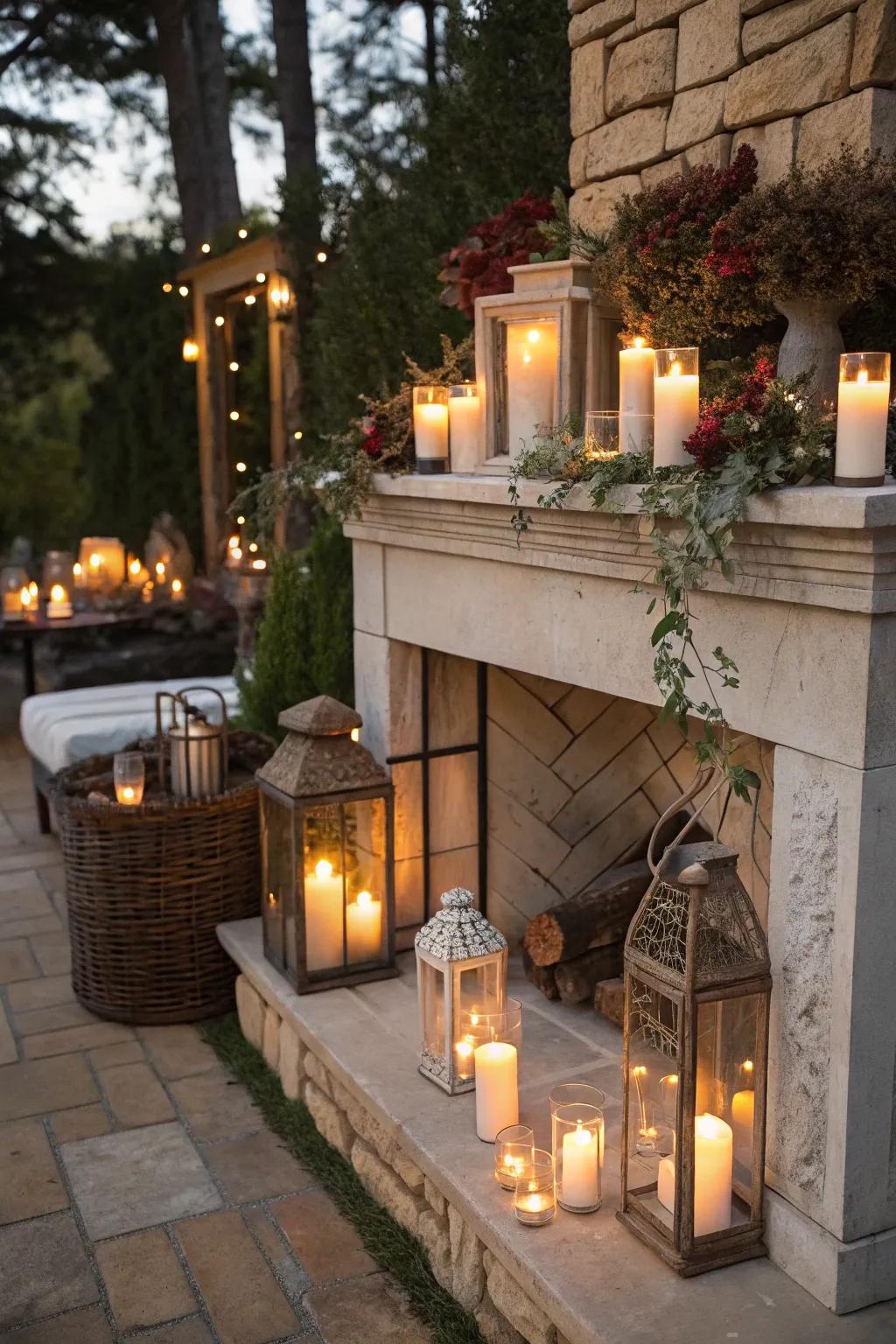 A cozy, candle-lit mantel setup for warm evenings.