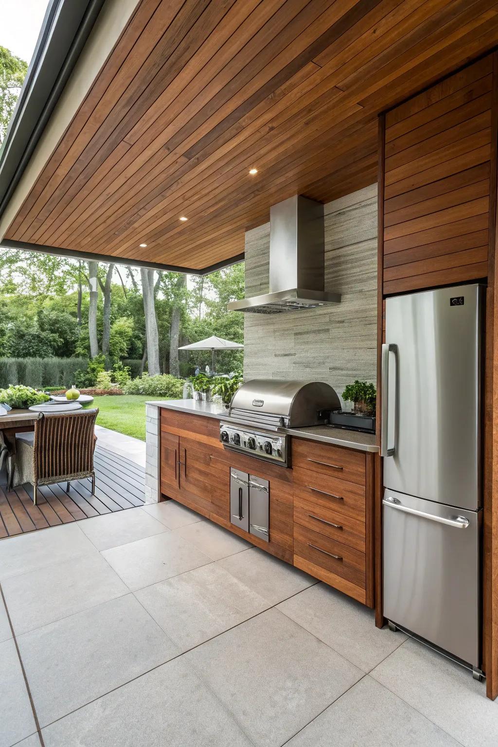 A camouflaged fridge maintains a seamless and elegant kitchen design.