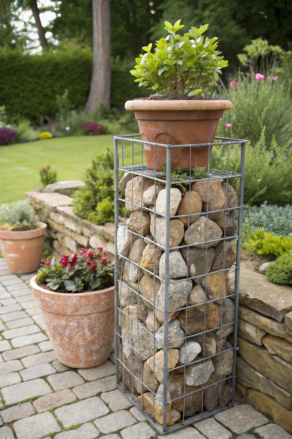 Add texture with a gabion plant stand.