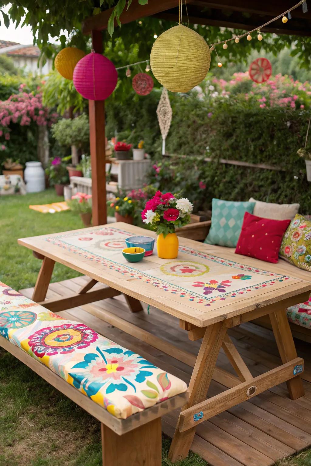 A painted patterned tabletop that brings a pop of color to your outdoor space.