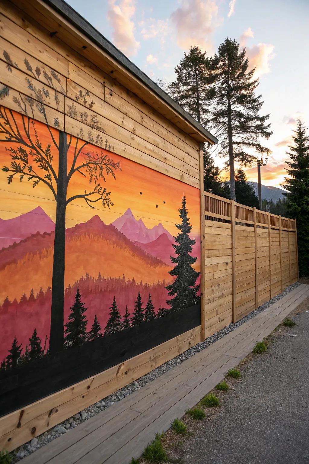 A painted mural turns a wooden wall into an artistic masterpiece.