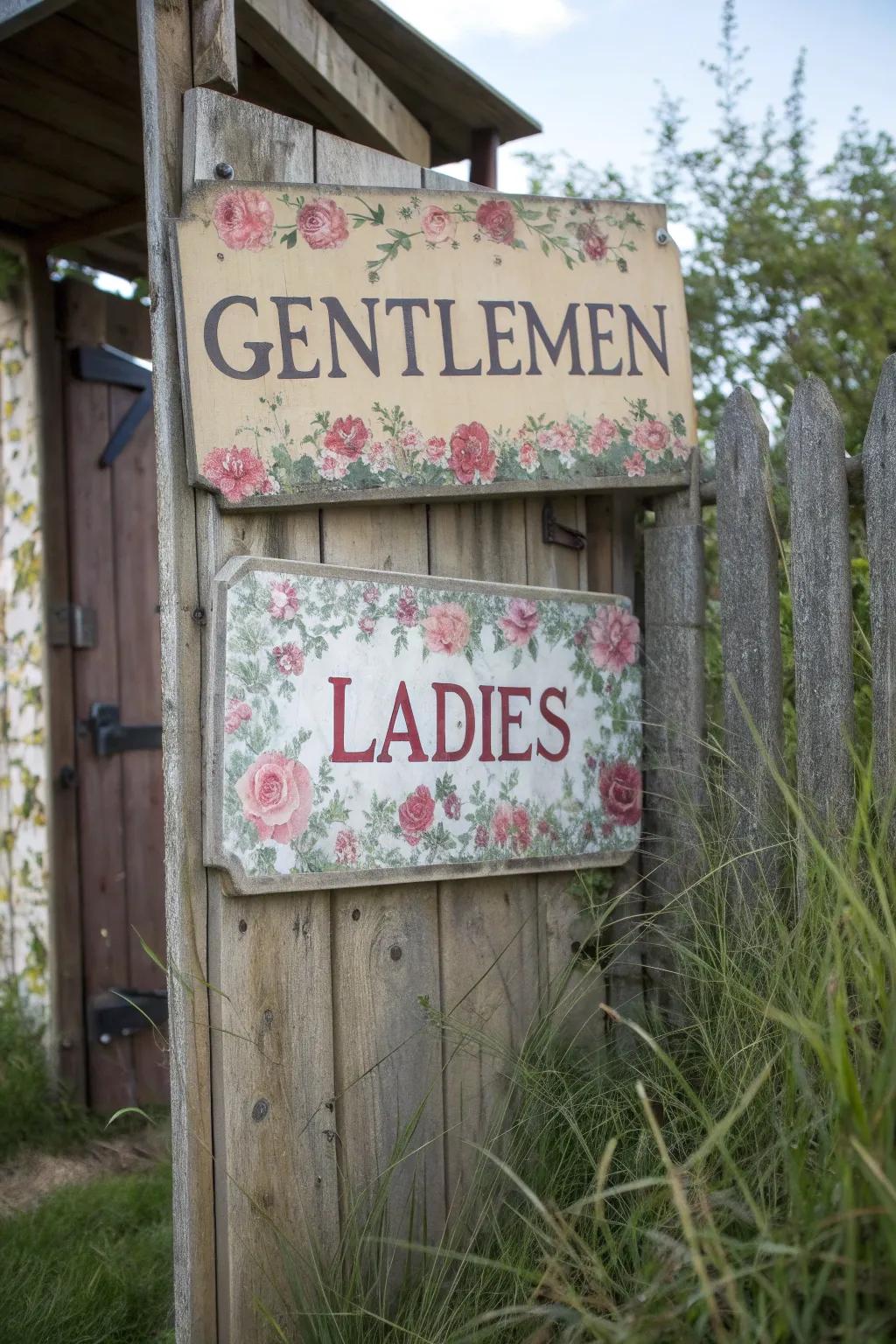 Decorative signage adds charm and character to this outhouse bathroom.