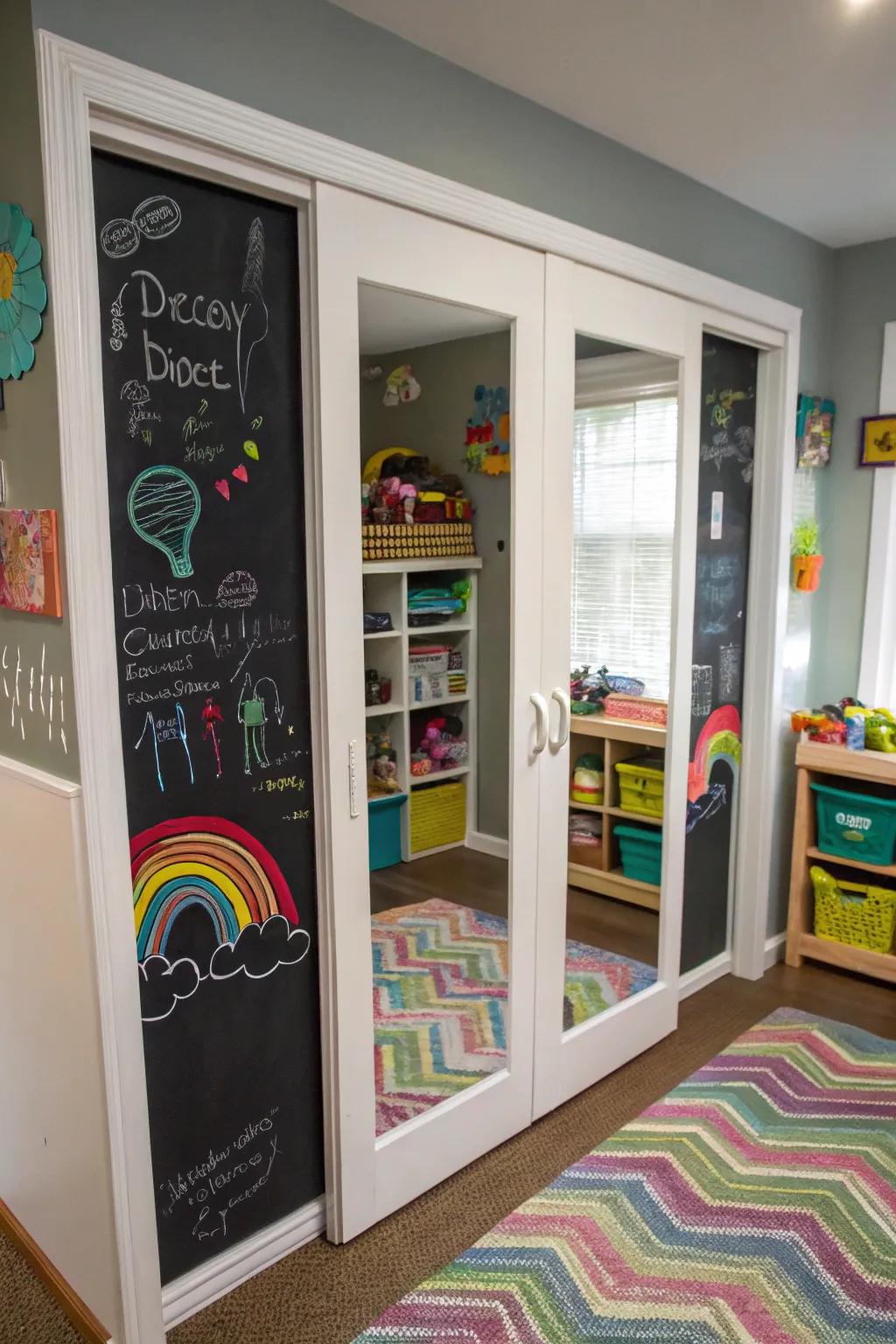 Chalkboard paint turns mirrored doors into a canvas for creativity.