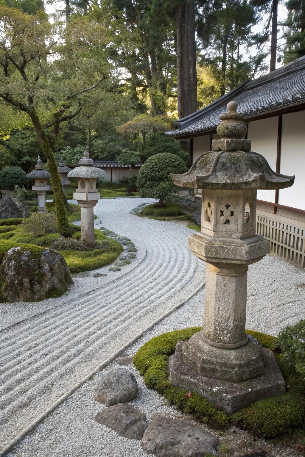 Japanese garden elements add tranquility and elegance to the garden.