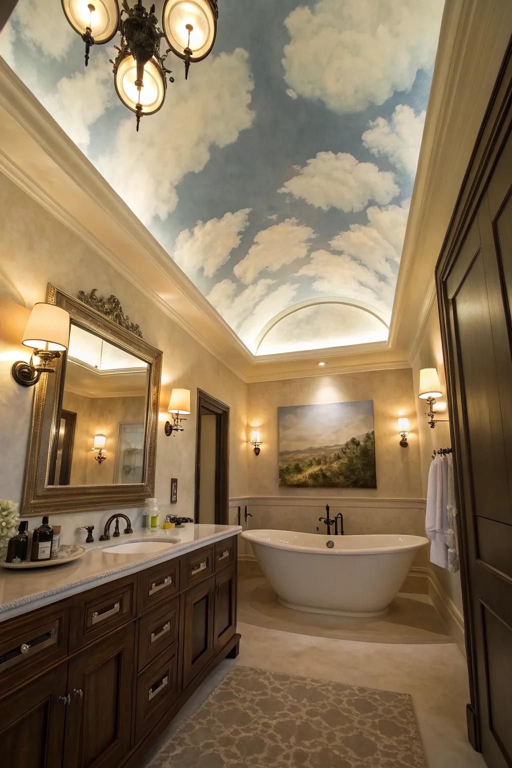 A ceiling mural can transform your bathroom into a serene escape.