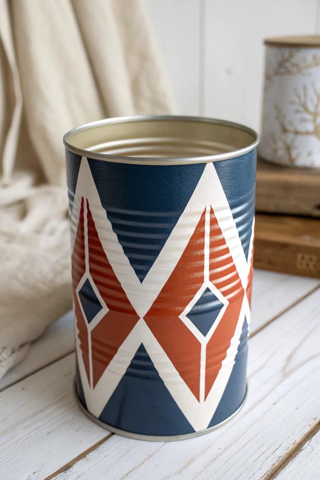 Transform everyday cans into chic, geometric masterpieces with bold colors and minimalist design!