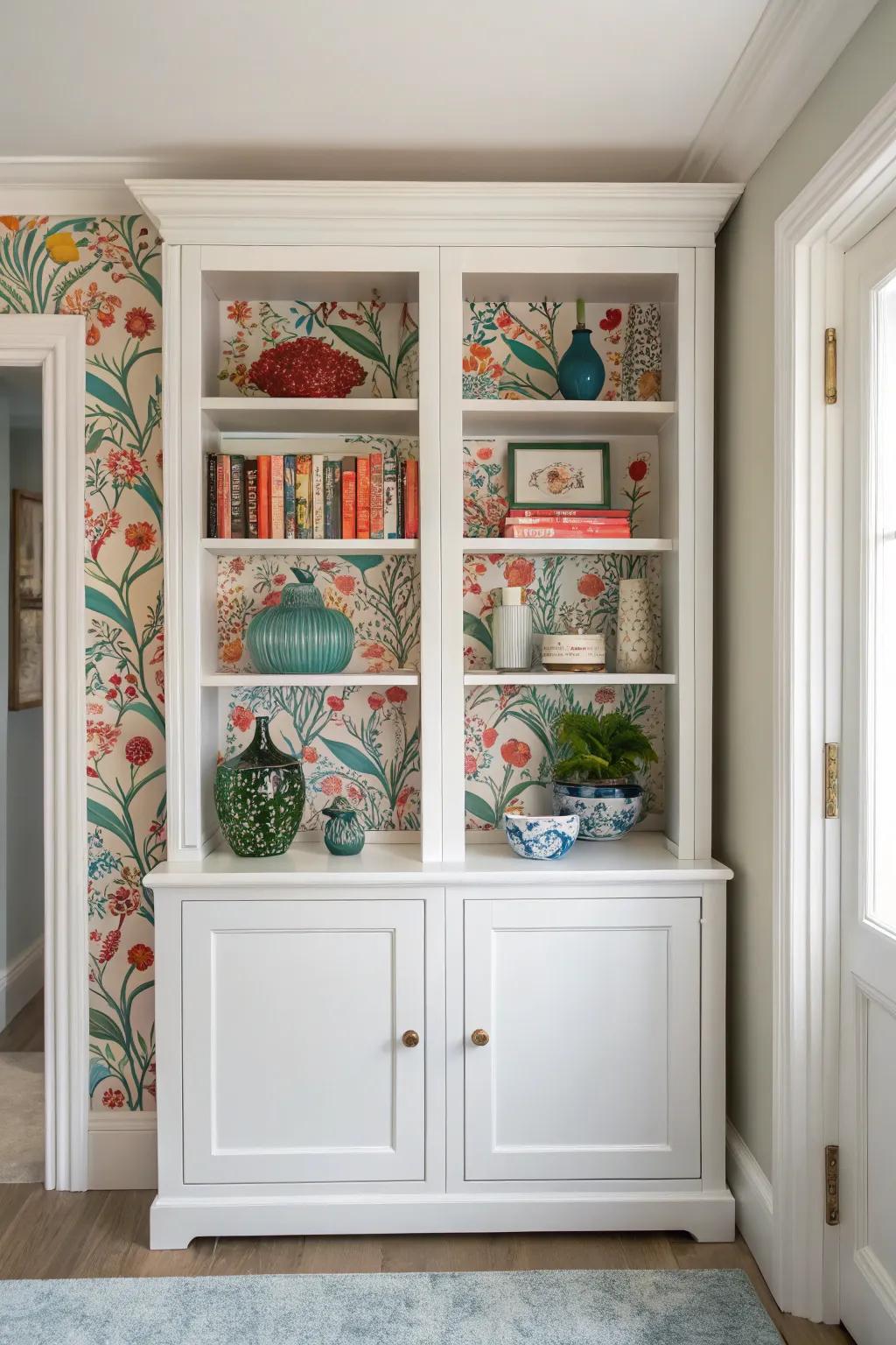 A cabinet with a unique wallpaper interior.