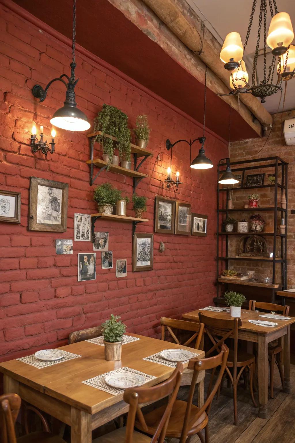 Rustic red painted brick walls enhancing the vintage charm of a dining area.