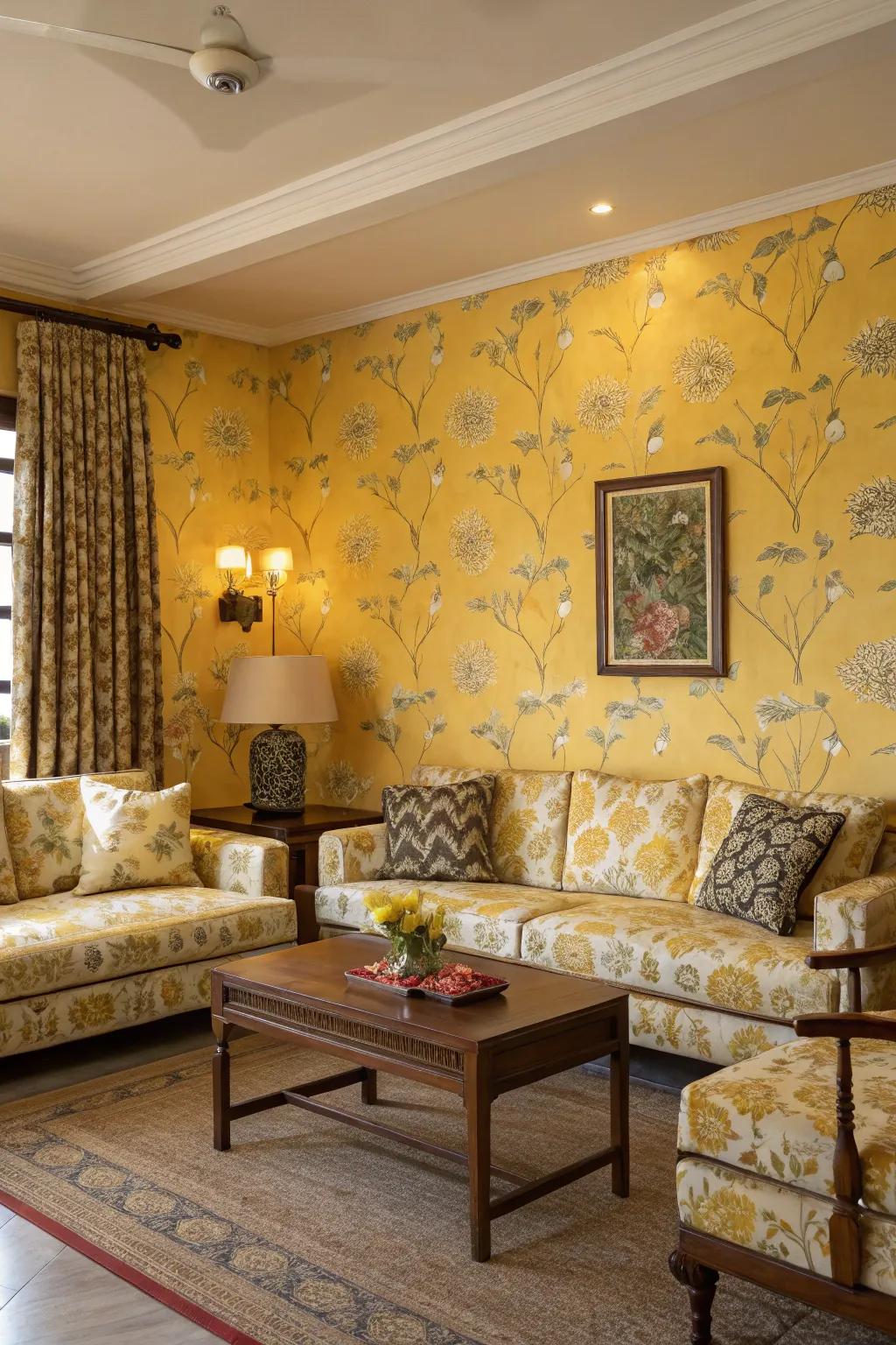 Patterns in yellow add an artistic touch to a living room setting.