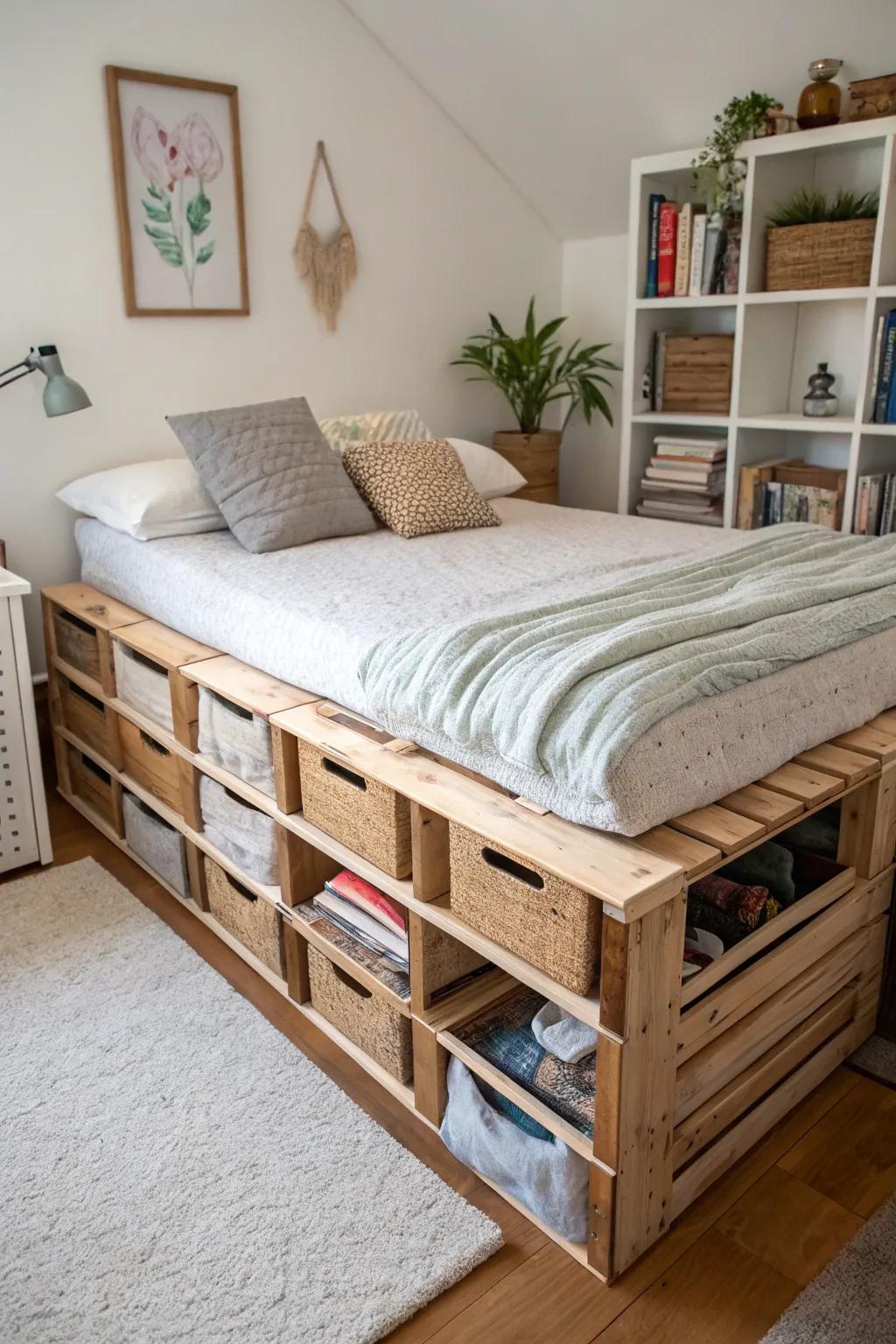 A pallet bed with storage: stylish and practical for small spaces.