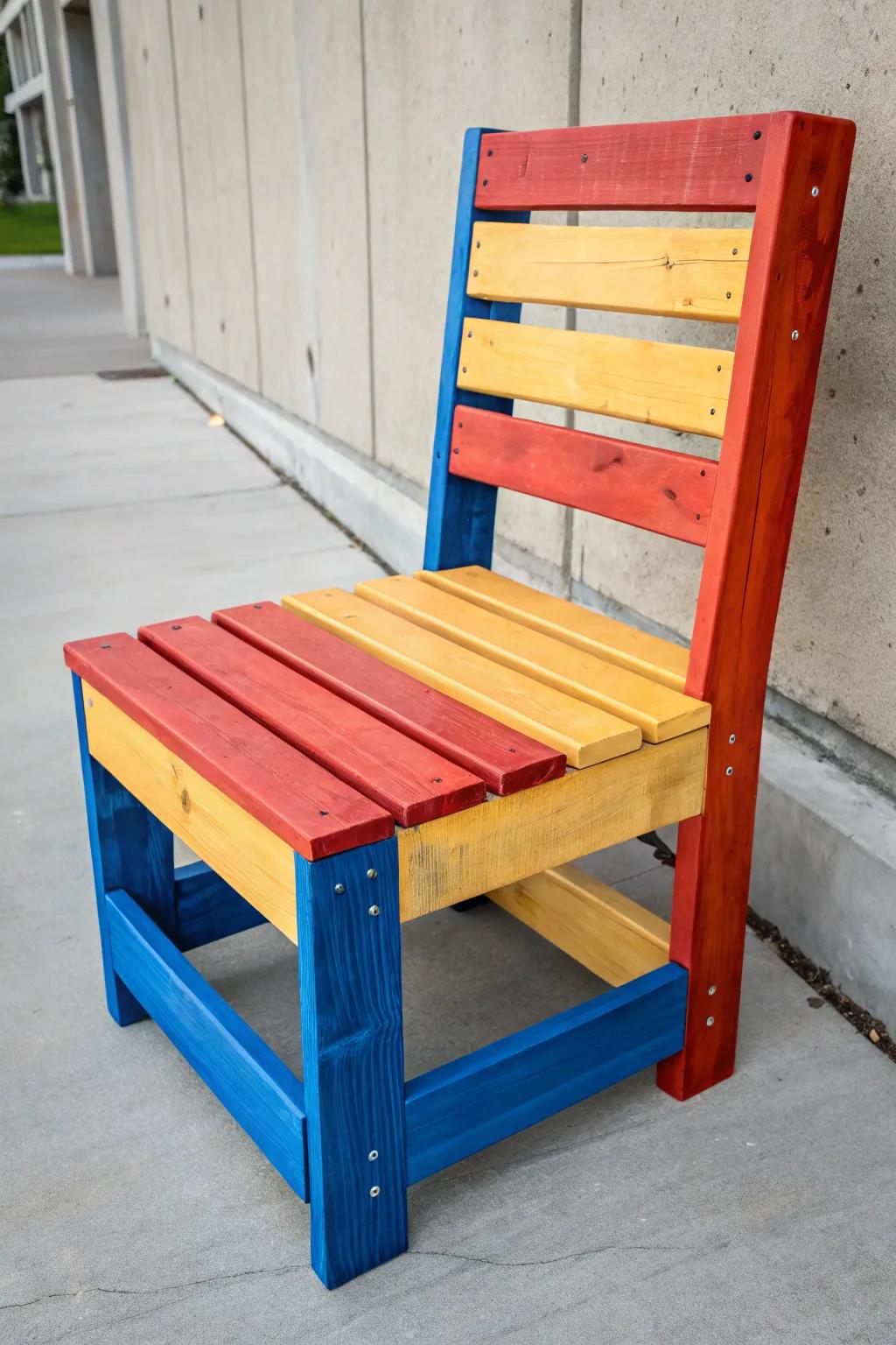 Add a splash of personality to your space with this colorful, handcrafted pallet chair.