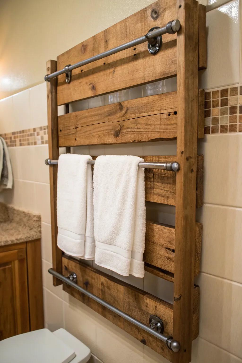 Elevate your bathroom style with a handcrafted pallet towel holder—where rustic charm meets practical elegance.