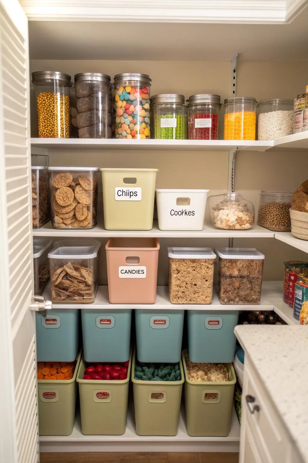 Handled bins make accessing items at the back of deep shelves easy.