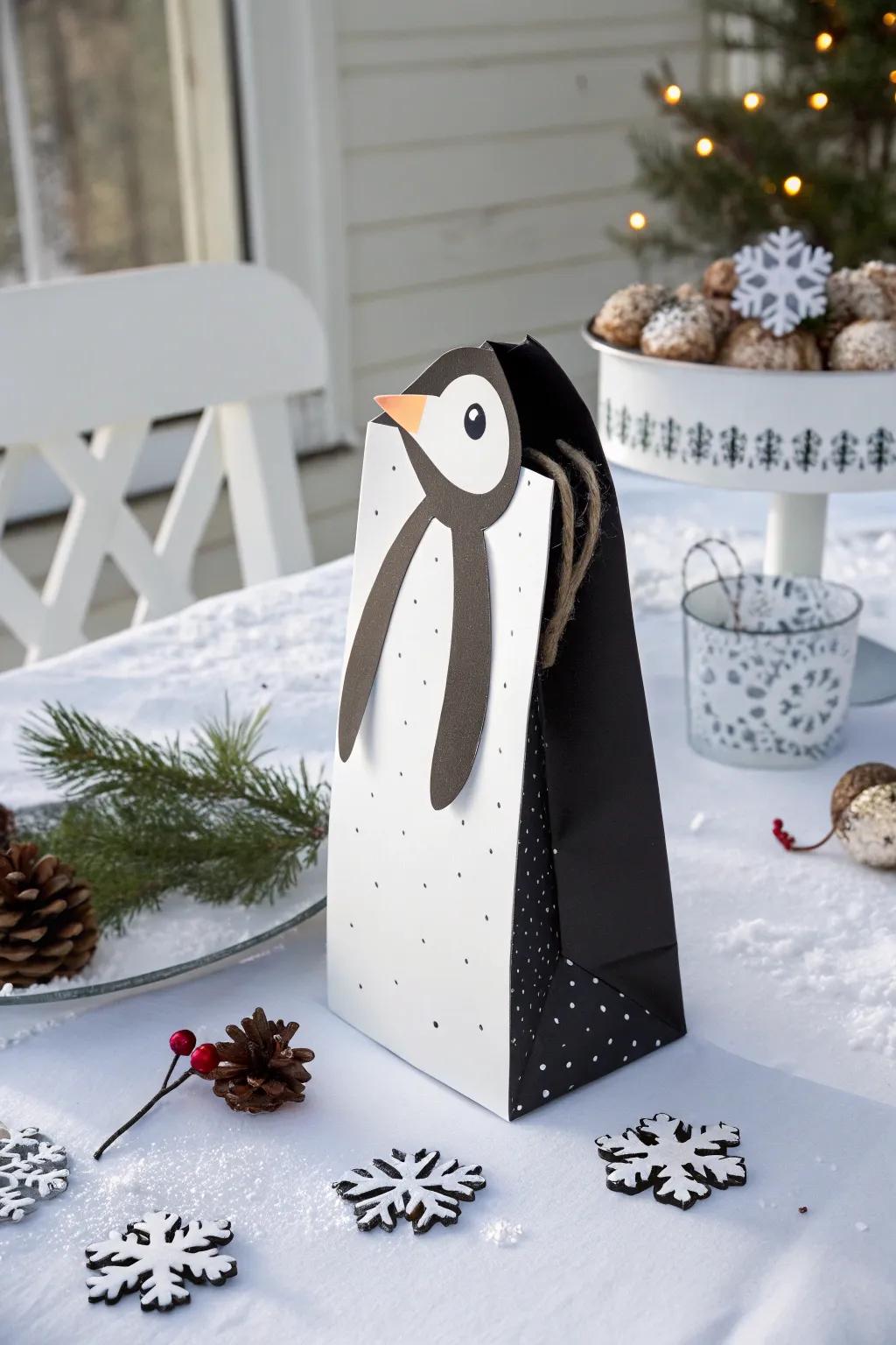 A dapper penguin puppet for the winter season.