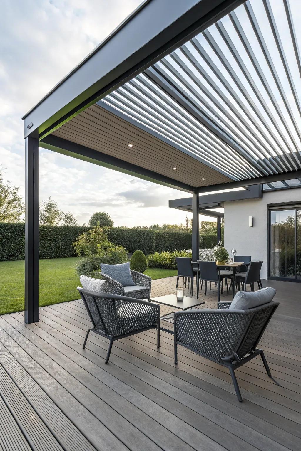 A sleek deck with a metal louvered roof, offering modern design and functionality.