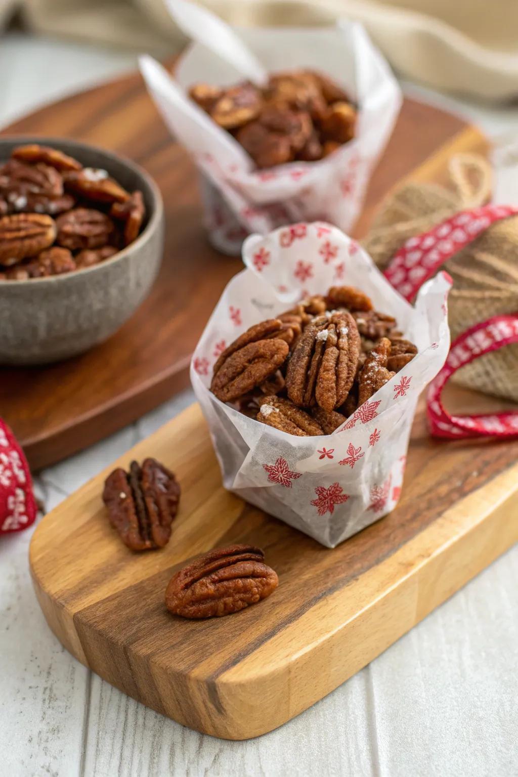 Candied pecans packaged in small bags make a delicious party favor.