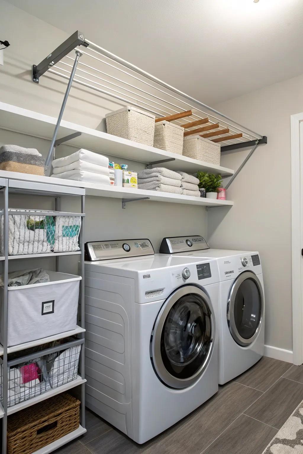 A drying rack is a practical addition for air-drying clothes.