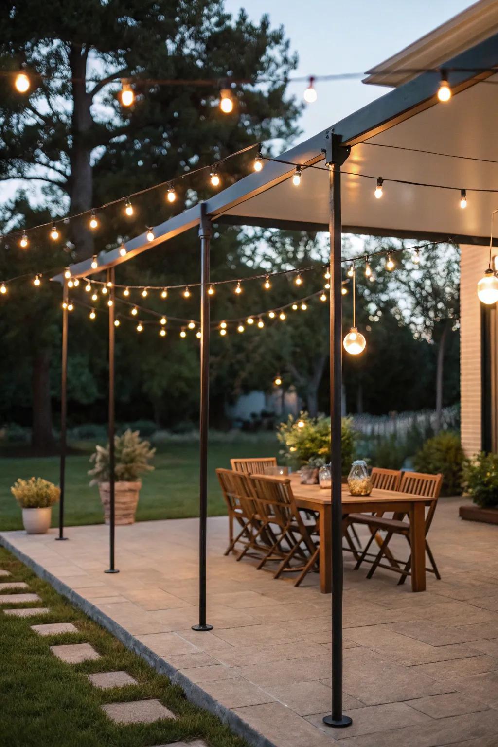 Poles with string lights define and illuminate the patio.