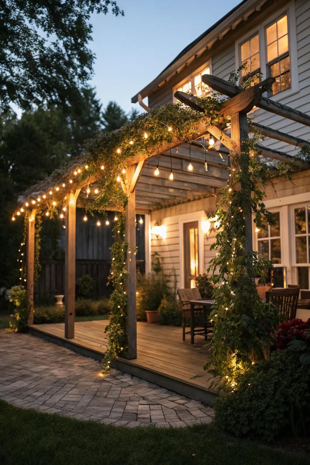 A pergola with built-in lighting, creating an enchanting evening ambiance.