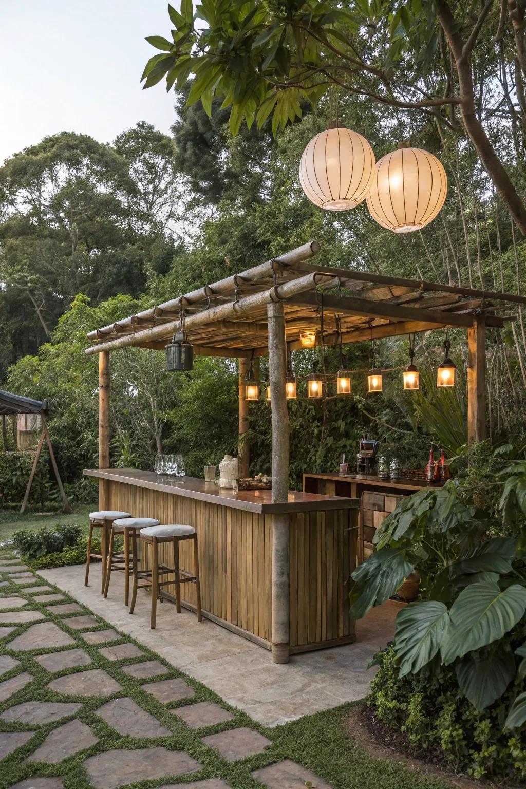 A Zen-inspired pergola bar, your tranquil backyard haven.