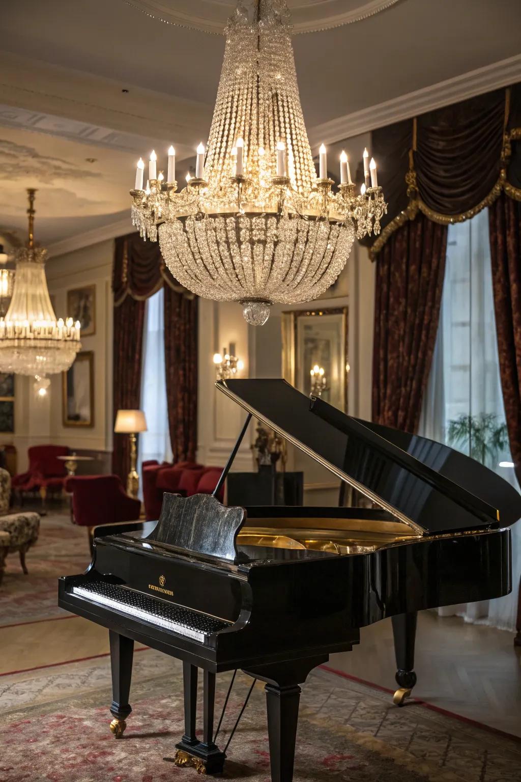 Statement lighting enhances the piano setting.