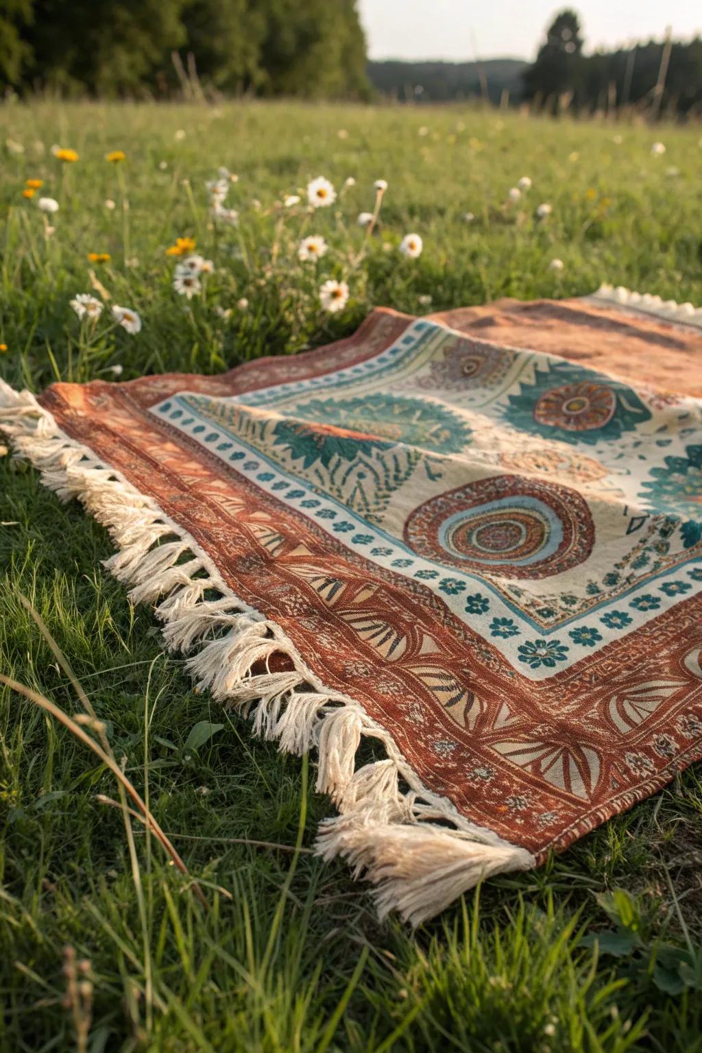 Embrace bohemian vibes with this beautifully crafted picnic blanket, perfect for your next outdoor escape.