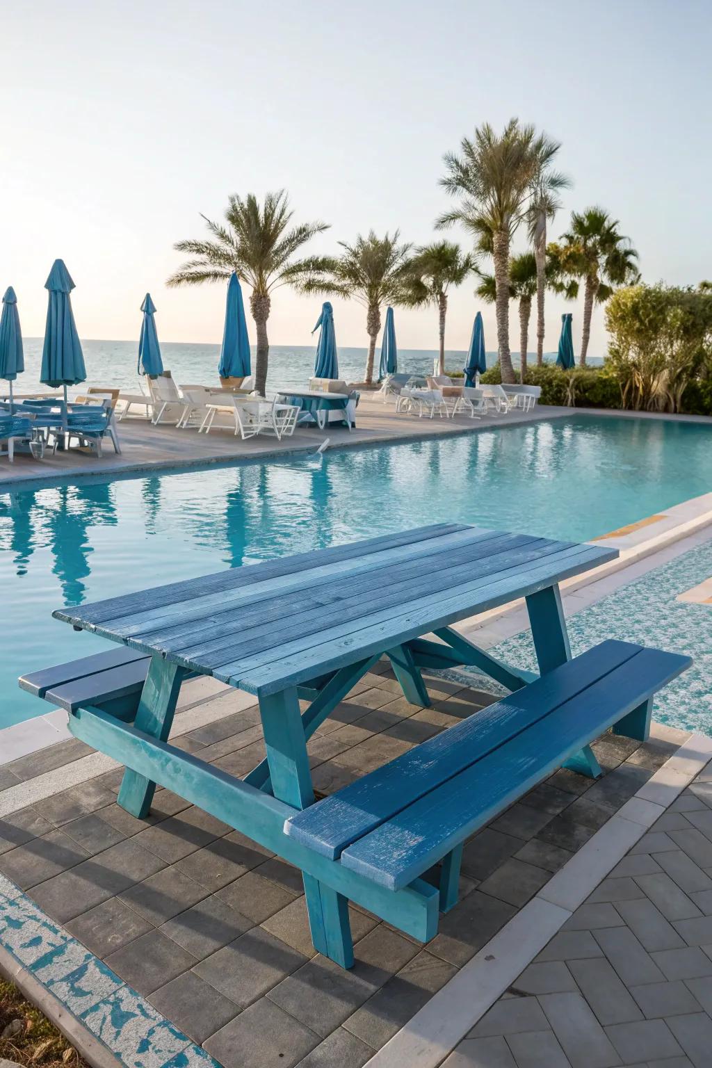 Ocean blues create a calming and serene atmosphere around the picnic table.