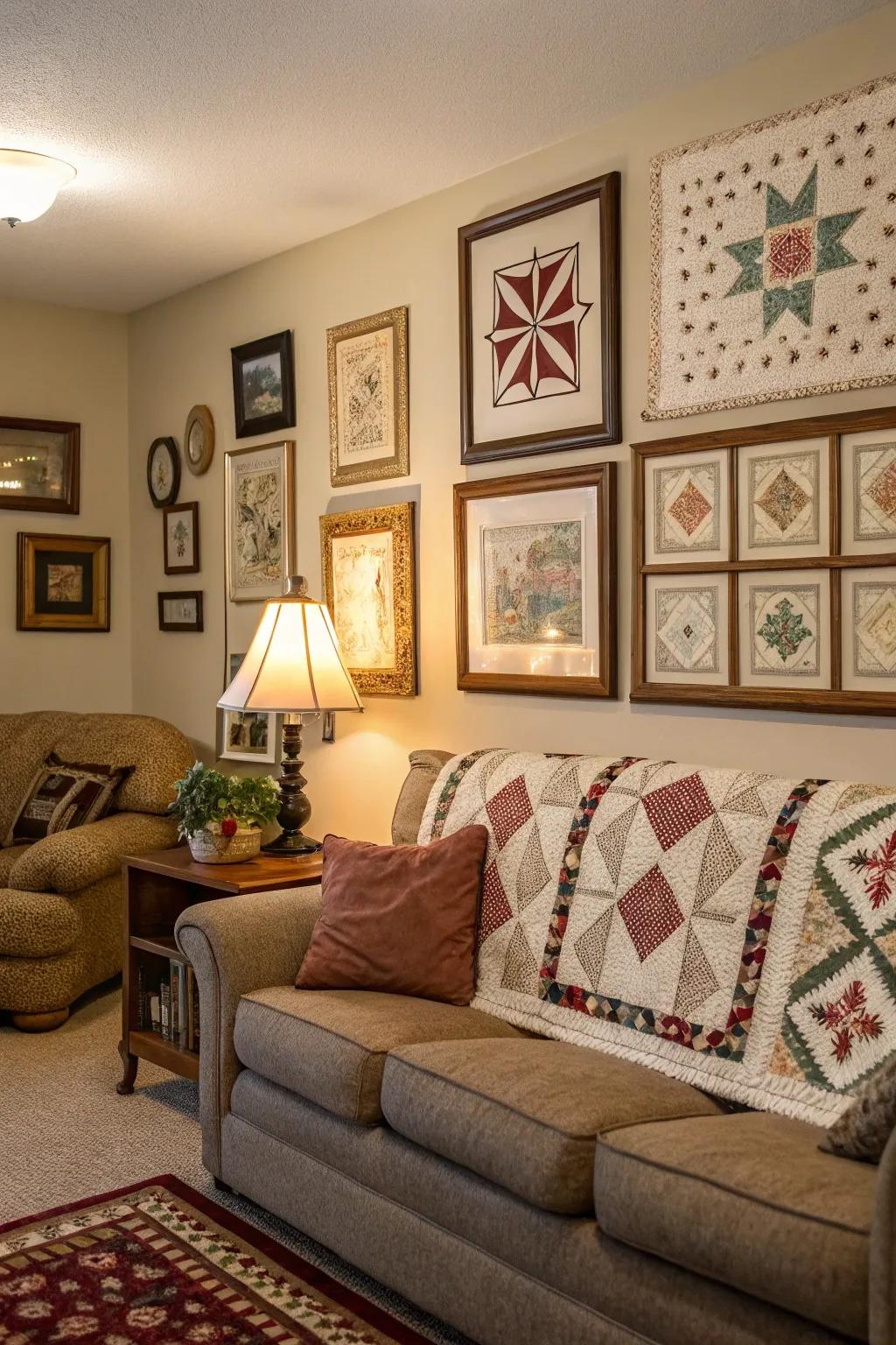 A cozy living room displaying framed textiles with sentimental value.