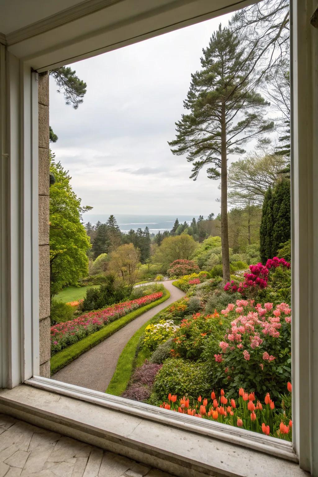 A picture window framing a picturesque garden scene.