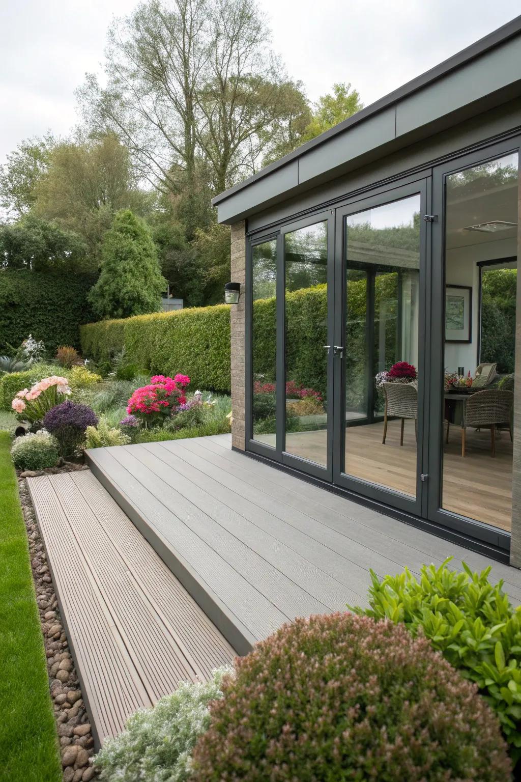 A composite deck enhancing the appeal of a modern garden room.