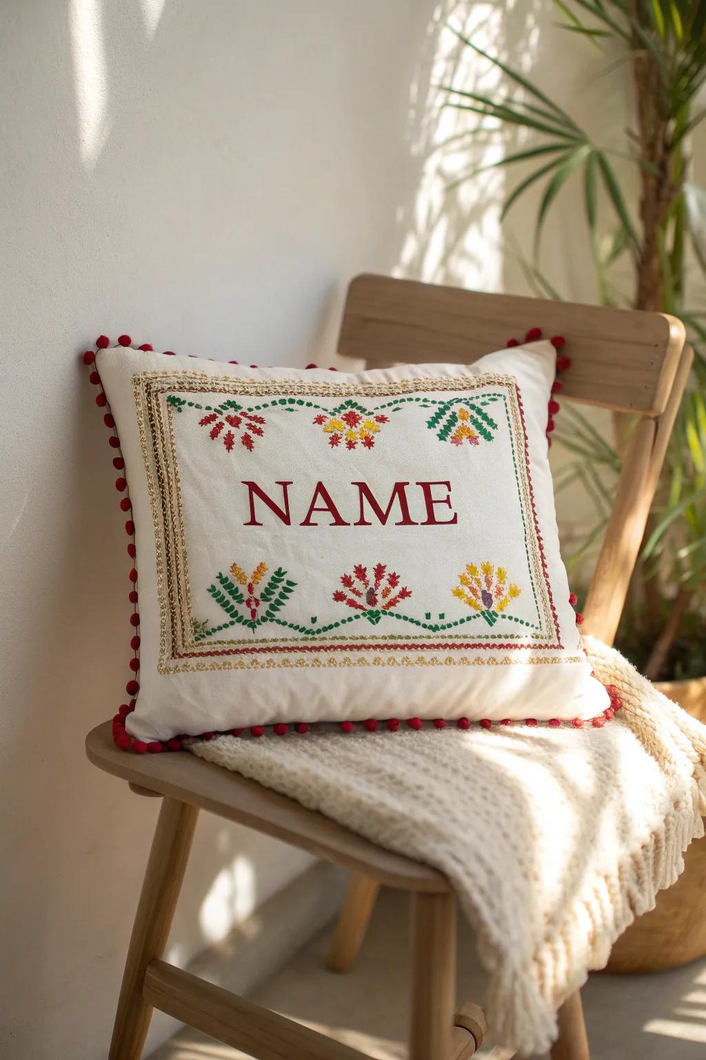 Add a personal touch to your decor with a handcrafted name pillow, blending simplicity with vibrant elegance.