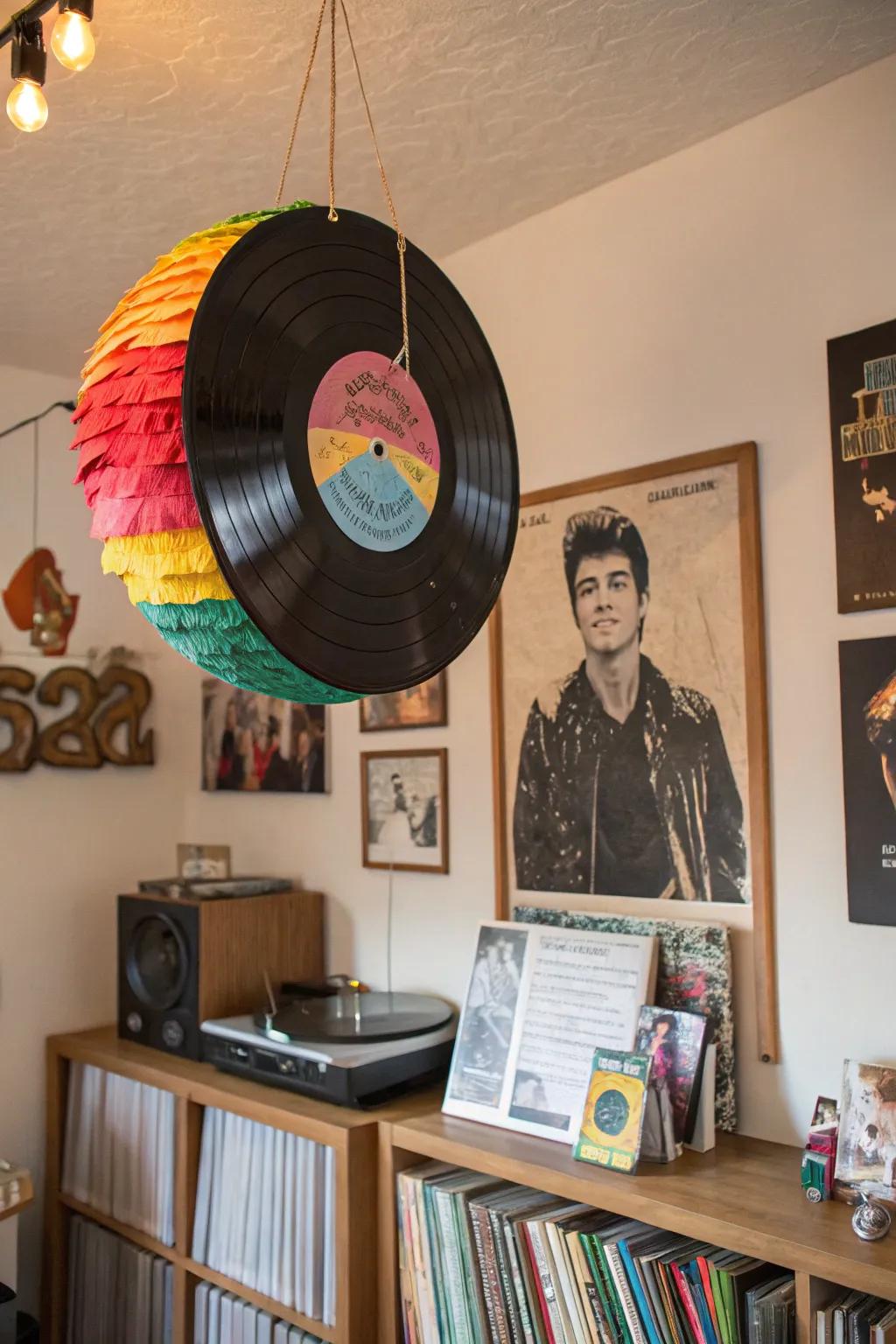 A vinyl record piñata spins nostalgia into your party.