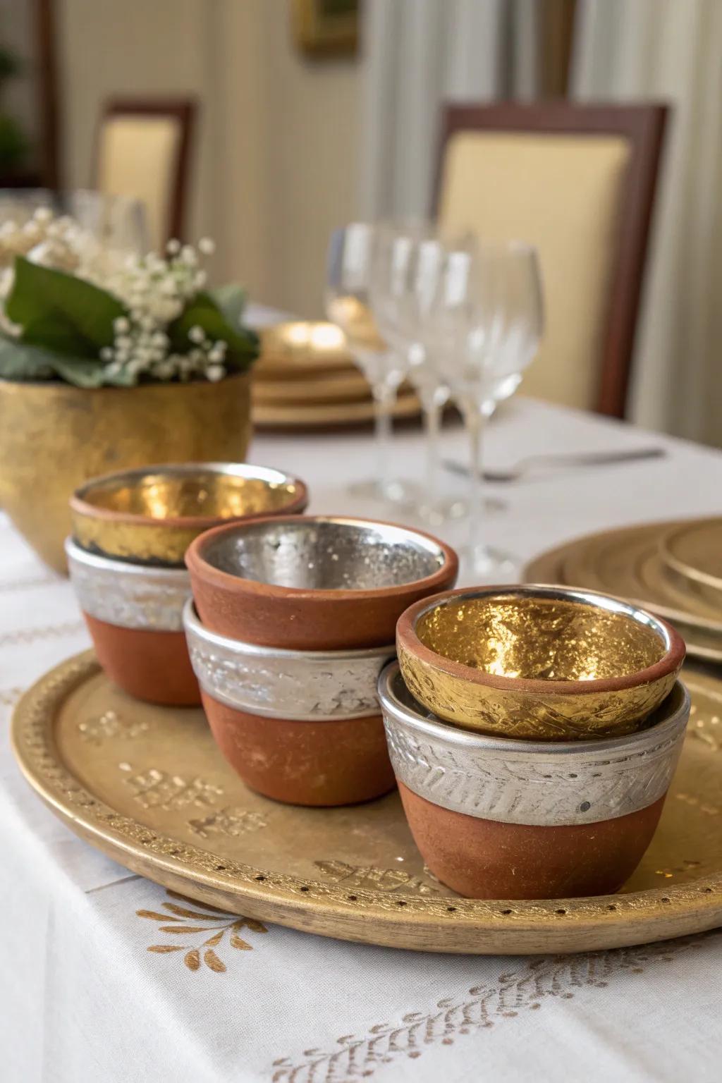 Sophisticated metallic accent pinch pots.